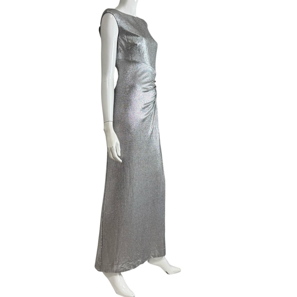 Lauren Ralph Lauren Metallic Silver Side Slit Runched Embellished Pin Maxi Dress - Picture 5 of 12